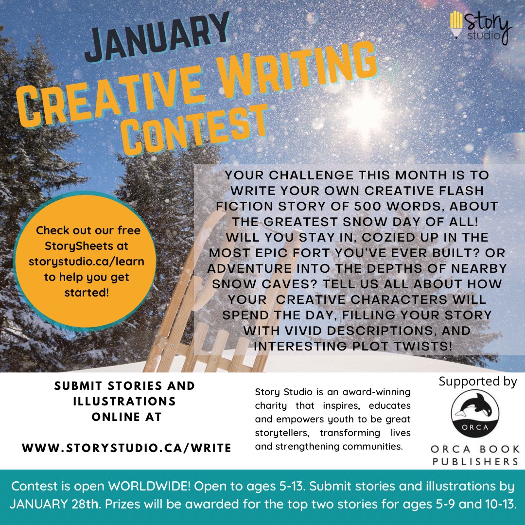 storystudioca's tweet photo. Snow is in the forecast!❄️☃️ Get creative this month by sharing a short story about the greatest snow day of all! Stories can be submitted online at https://t.co/Z9P5BWiziV by January 28th! Four winners selected each month📚 Ages 5-13, Worldwide! https://t.co/n9SDzQyjDo