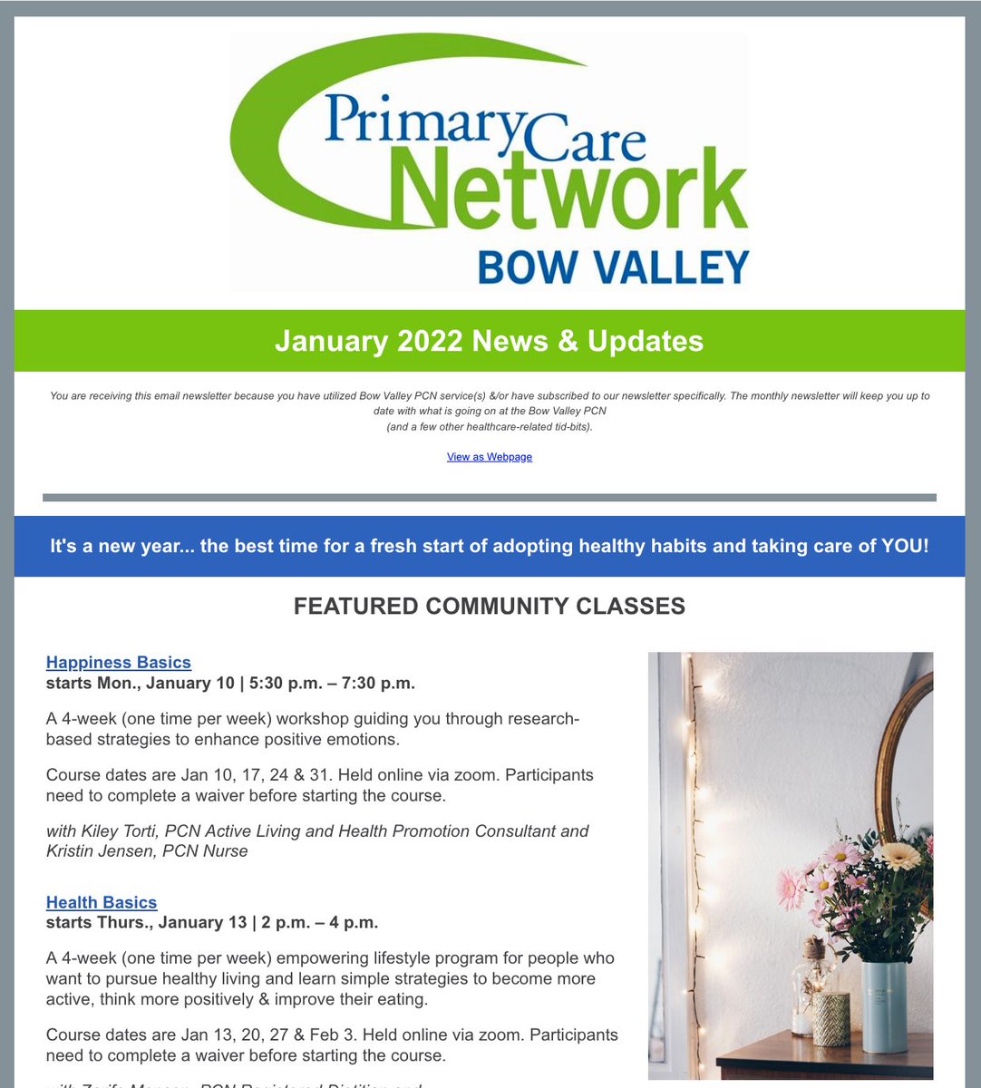 Check out our newsletter for January 2022!
bowvalleypcn.ca/newsletter/ register for free online community classes, get tips for staying happy and healthy and find out about upcoming events! Sign up to receive our e-newsletter in your inbox. lp.constantcontactpages.com/su/5aOHCYU