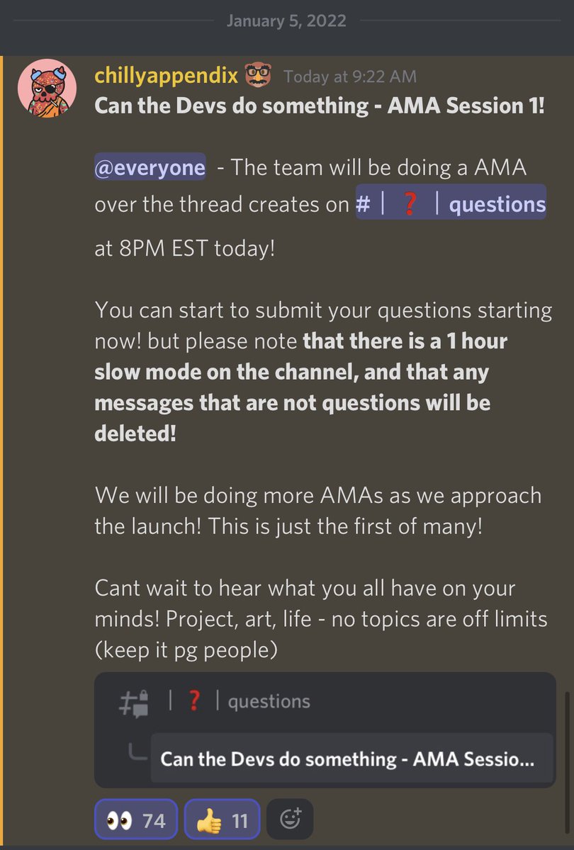 The <a href="/CoolMonkes/">Cool Monkes 🆒🐵</a> AMA tonight. 😬 
I got some questions, get your questions ready. 

I hear they are giving away some NFTs after. Just a rumor.