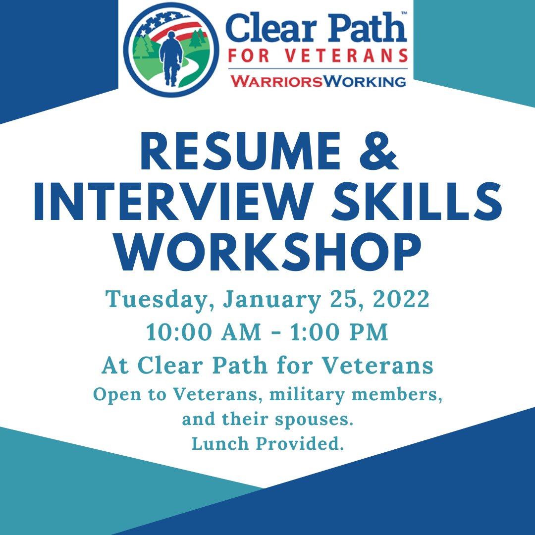 ClearPath4Vets's tweet photo. Join Clear Path's Warriors Working Program as they host an onsite employment workshop focusing on resume writing and interview skills. For more information or to register click here: https://t.co/Zrev2MQRki https://t.co/kyYtQQ7189