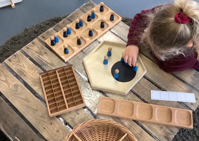 MrsAEYFS's tweet photo. The difference when you provide a range of open-ended resources rather than a ‘task’. This pupil placed the peg dolls in the ten frame (one per sq) but then found their ‘sister’. She was counting, sorting and grouping them whilst telling a narrative from her imagination. https://t.co/6zPQW6qoKn