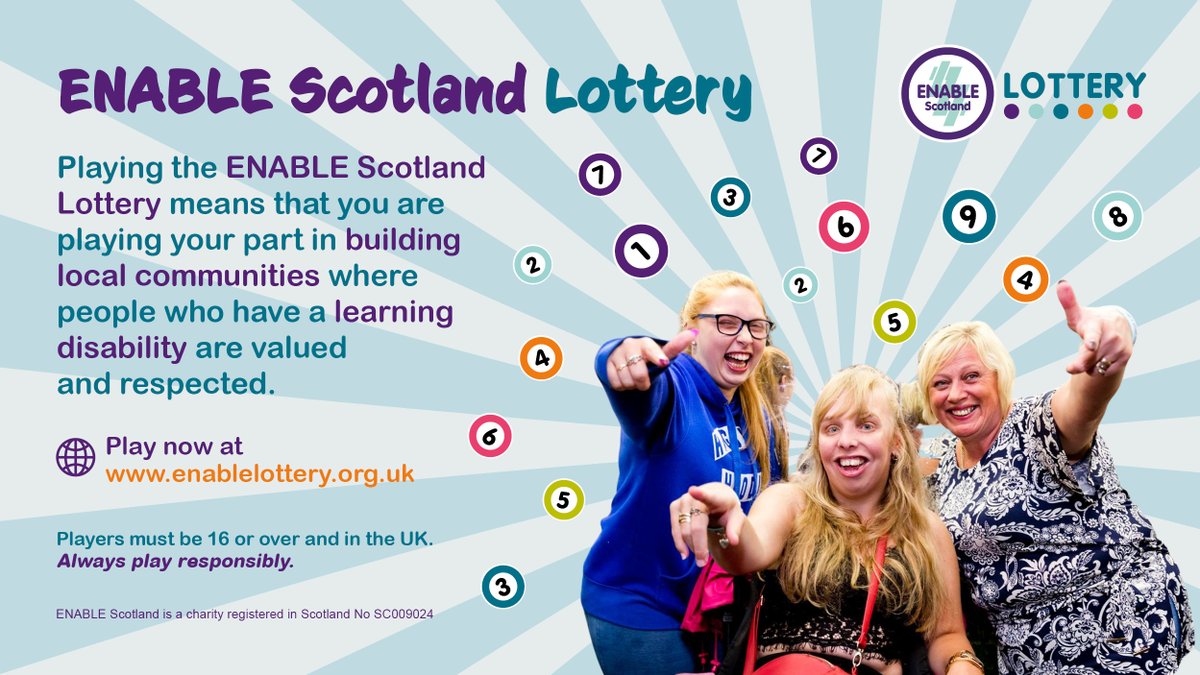 Enable_Tweets's tweet photo. Are you playing the #ENABLELottery? Sign up to support @ENABLEScotland charitable activity &amp; win prizes. Guaranteed weekly cash prizes &amp; a £25K jackpot for matching 6 numbers 💜

Only £1 to play, with 50p going directly to our charity!

Play today at https://t.co/SRQg45qDiS 🤞 https://t.co/sV7JPEr8iH