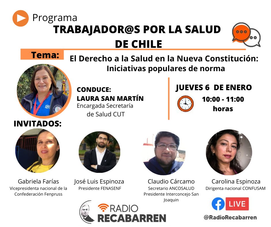 📻🎙️Mañana Laura San Martín estará junto a interesantes invitad@s conversando acerca del derecho a la Salud  en la #NuevaConstitución.

¡No te lo pierdas!!! a través  del facebook de Radio Recabarren🧐👇
facebook.com/RadioRecabarren
