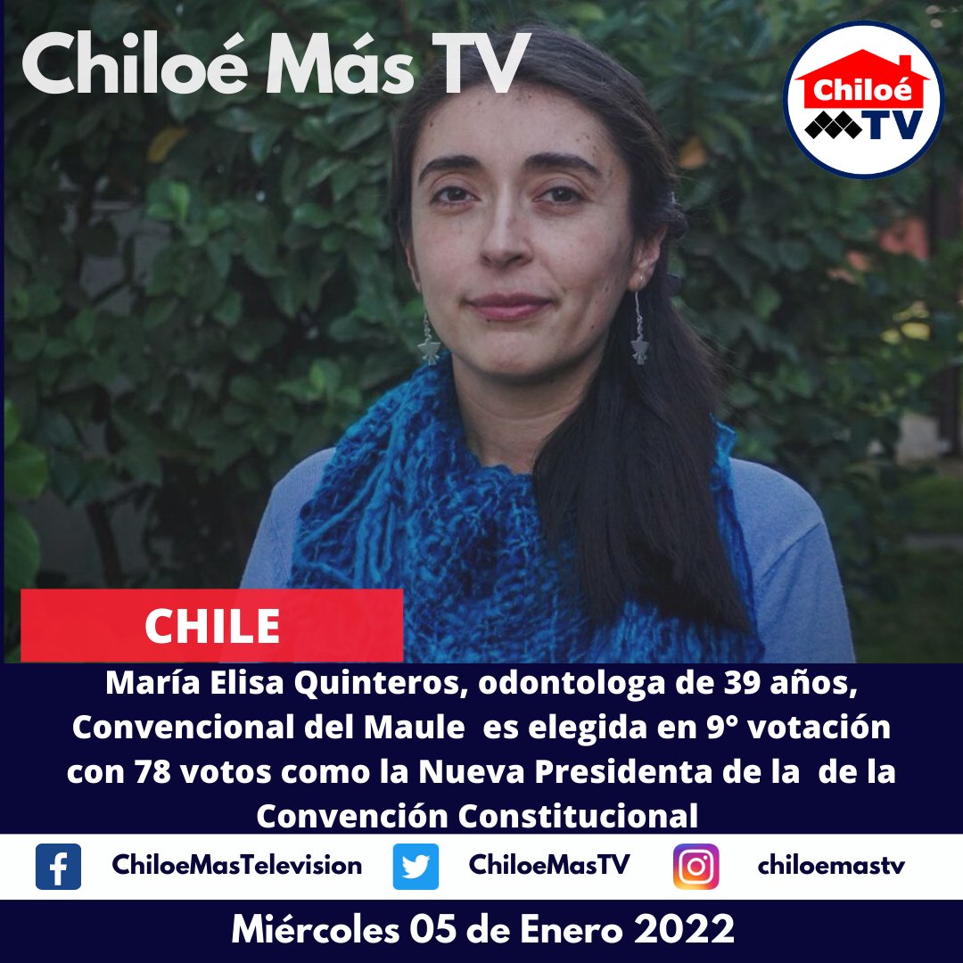 ChiloeMasTV's tweet photo. En la 9° Votación Logró imponerse la constituyente María Elisa Quinteros, con 78 votos a favor, justo los necesarios para poder presidir la instancia.
Odontóloga de profesión, esta constituyente proveniente de la Asamblea Popular por la Dignidad. https://t.co/xOGyKpMnbV
