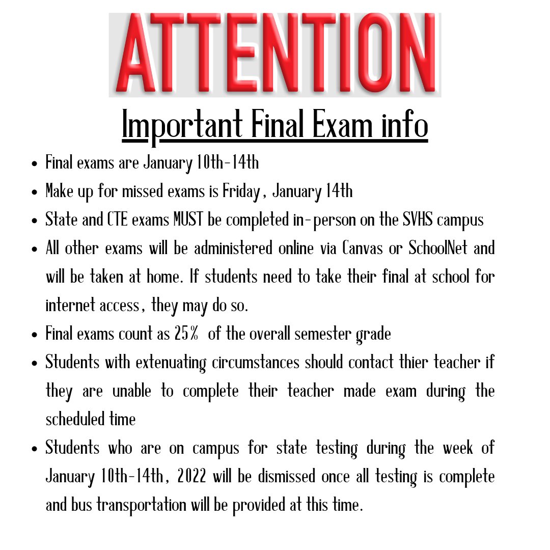 SunValleyHSNC's tweet photo. IMPORTANT final exam info-make sure to read for up to date information regarding the final exam schedule @UCPSNC  @AGHoulihan  @SunValleyHSNC @SVHSPrin_Dad https://t.co/znkVps0tV2