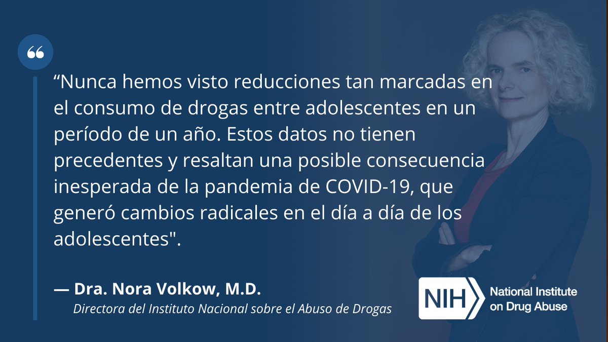 NIDAnews's tweet photo. "Nunca hemos visto reducciones tan marcadas en el consumo de drogas entre adolescentes en un período de un año." – Dra. Nora Volkow, directora del NIDA, sobre la encuesta Monitoring the Future 2021: https://t.co/LqSAcaLlkH #MTF2021 https://t.co/zA4FPcY3D3