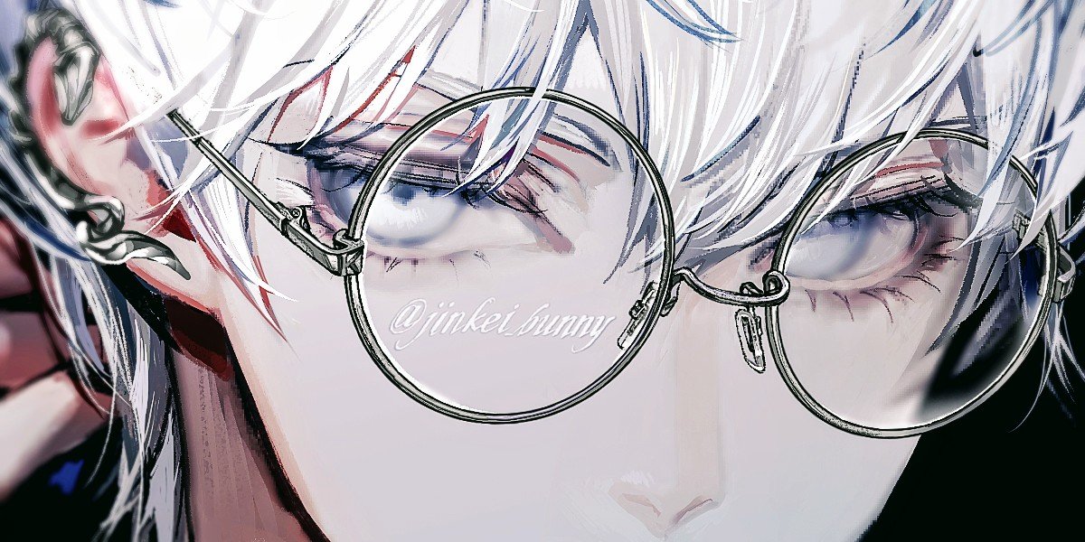 gojou satoru 1boy solo white hair blue eyes male focus round eyewear eye focus  illustration images