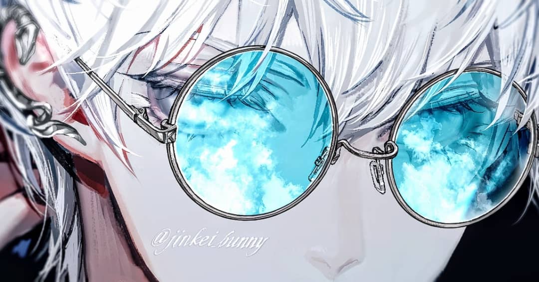 gojou satoru 1boy solo white hair blue eyes male focus round eyewear eye focus  illustration images