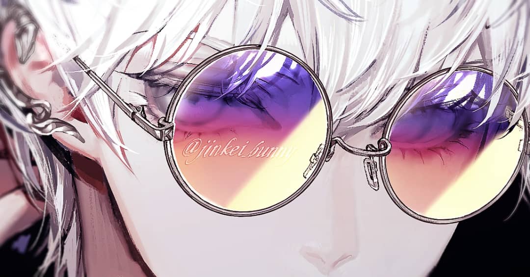 gojou satoru 1boy solo white hair blue eyes male focus round eyewear eye focus  illustration images