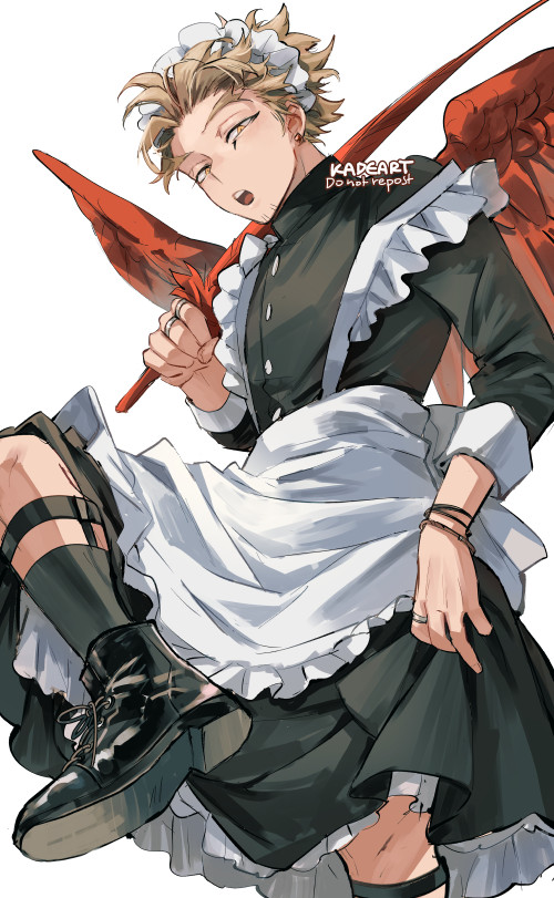 hawks (boku no hero academia) 1boy male focus blonde hair maid jewelry black socks wings  illustration images