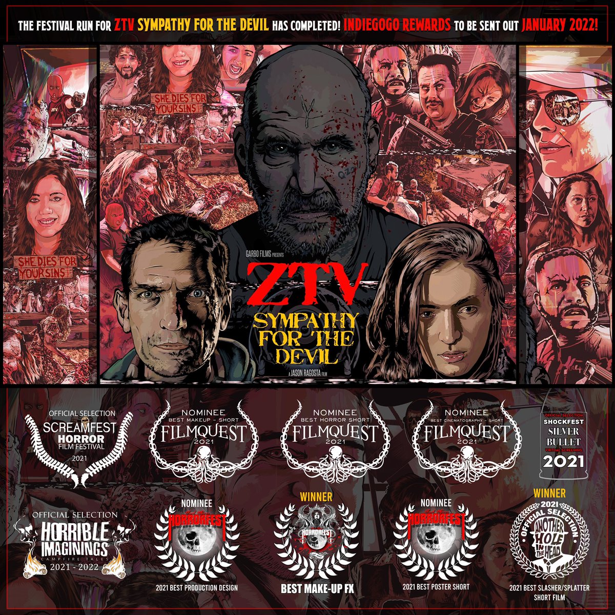 ZTVthePrezerve's tweet image. As the festival run for our proof of concept short ZTV Sympathy for the Devil Closes, we look back on 2021 and what an amazing journey it’s been 🔥❤️🔥 #indiehorror #filmfestival #ztvsympathyforthedevil