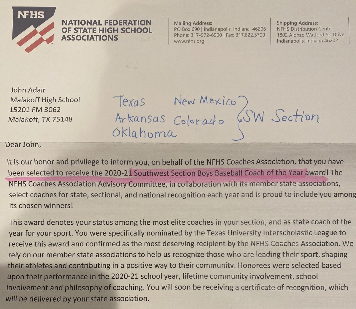 <a href="/JohnLAdair1/">John L.Adair</a> was just named the 2020-2021 Southwest Section Baseball Coach of the Year!(Texas, Oklahoma, Arkansas, New Mexico, Colorado) One of the top 4 Coaches in the Nation in the running for National Coach of the Year!