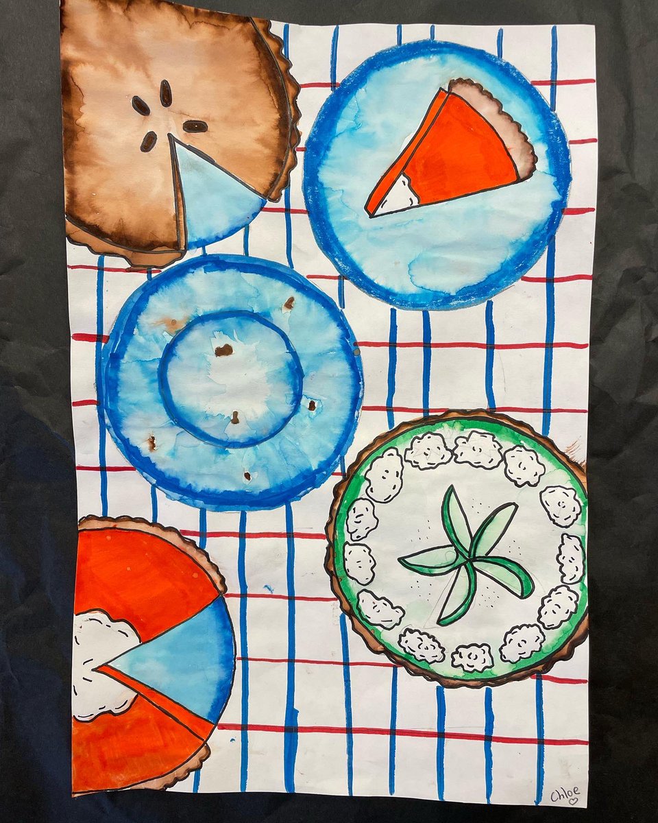 Artwithholly's tweet photo. Cakes and pies and cakes and pies!! 5th graders learned about Wayne Thiebaud, aerial perspective and forms. 🥧🎂🍰 #ripwaynethiebaud https://t.co/DDKZhC3pqG