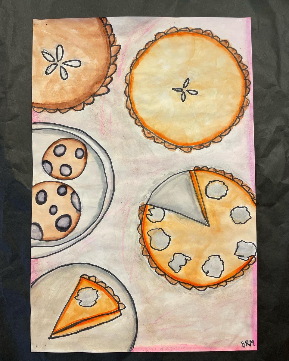 Artwithholly's tweet photo. Cakes and pies and cakes and pies!! 5th graders learned about Wayne Thiebaud, aerial perspective and forms. 🥧🎂🍰 #ripwaynethiebaud https://t.co/DDKZhC3pqG