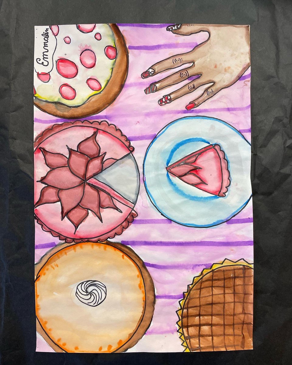 Artwithholly's tweet photo. Cakes and pies and cakes and pies!! 5th graders learned about Wayne Thiebaud, aerial perspective and forms. 🥧🎂🍰 #ripwaynethiebaud https://t.co/DDKZhC3pqG