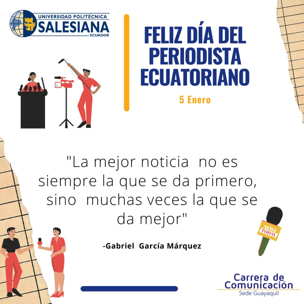ComunicacUPS's tweet photo. Feliz día del periodista ecuatoriano 🎤
Celebramos a todos quienes con mucho trabajo y dedicación hacen de ésta profesión periodística una fuente de información a todas las masas 🎤💬
#díadelperiodistaecuatoriano #periodismo #5enero #CarreraComunicación #SomosUPS #gye #salesiana https://t.co/G49dWB1MC8