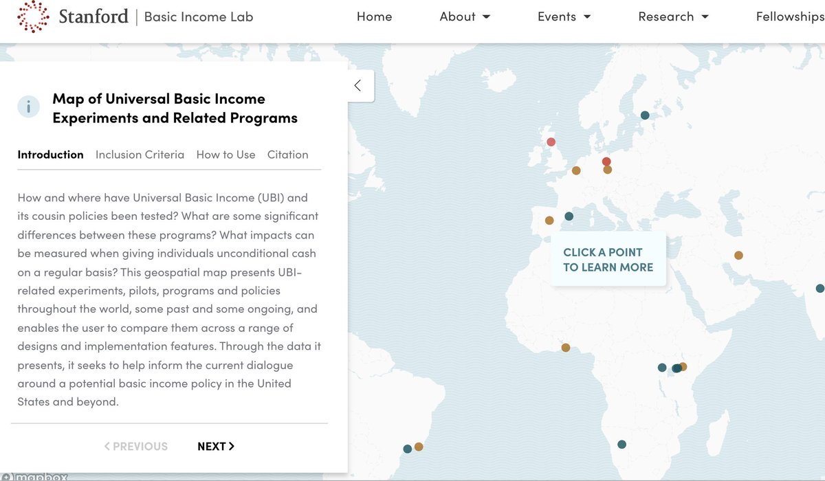 StanfordBIL's tweet image. How and where have universal basic income policies been tested? Learn about past, ongoing, and proposed #UBI experiments with our geospatial map: basicincome.stanford.edu/experiments-ma…
