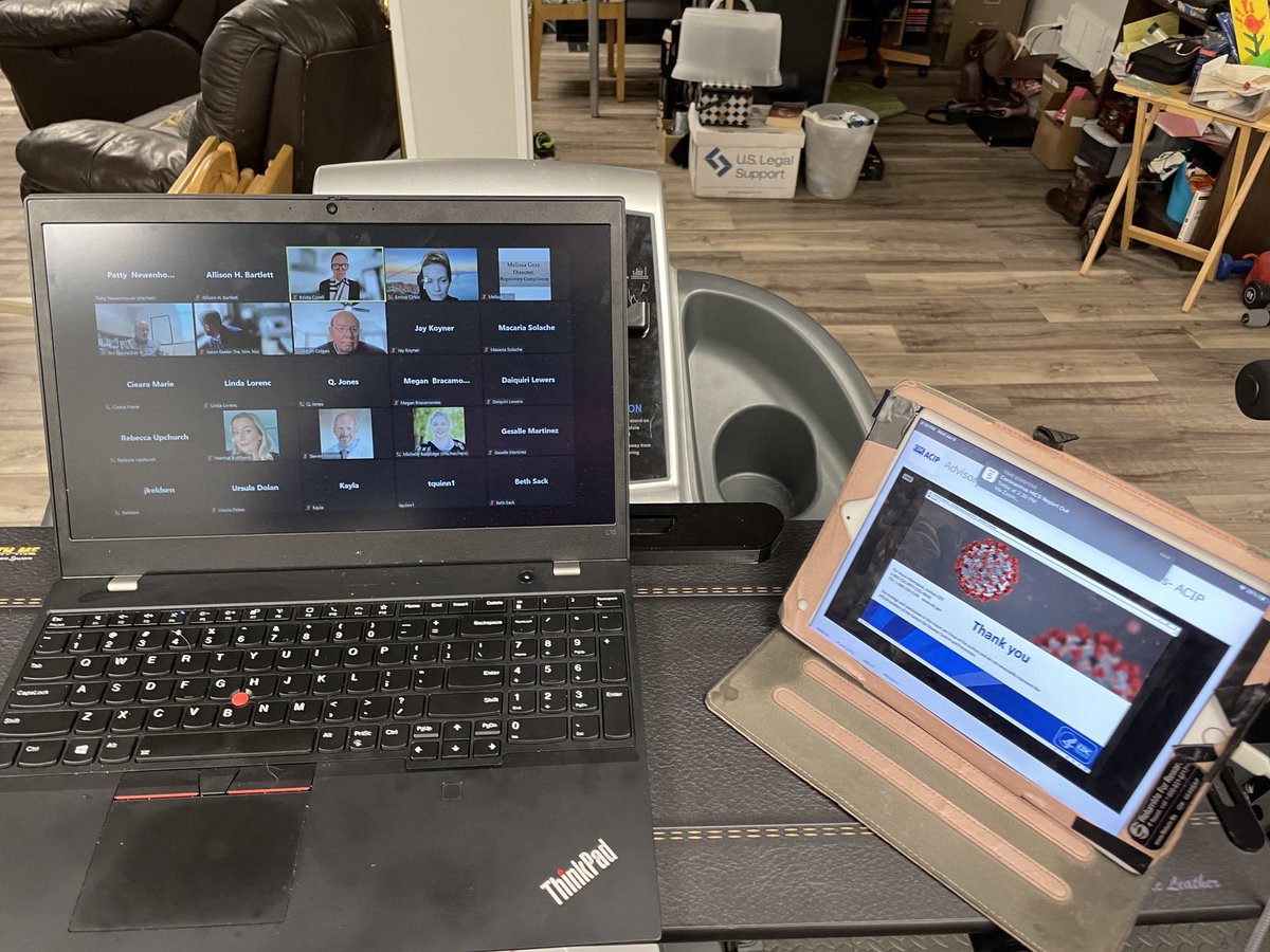 Peak “pandemic wave five” level achieved: walking on the treadmill with HICS meeting zoom while live-streaming ACIP. Not shown: all 3 kids in room with me!! #ParentingInAPandemic