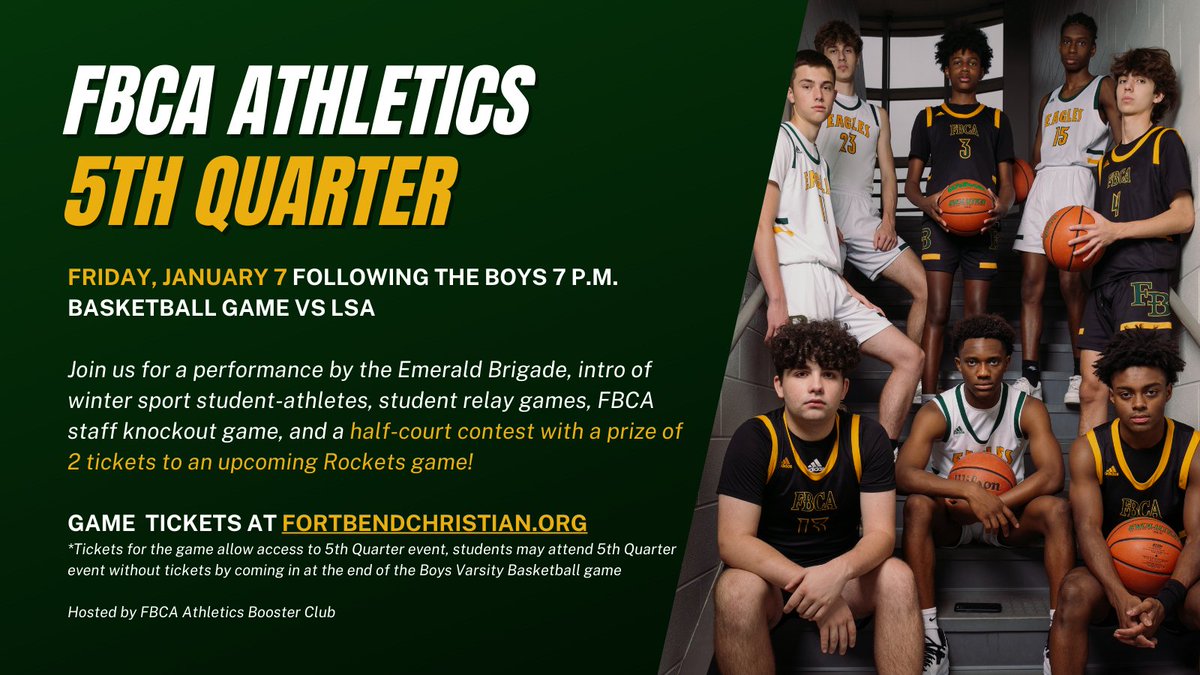 FBEagles's tweet image. This Friday, January 7th, FBCA Athletics Booster Club is hosting the 5th Quarter postgame event following the Boys Basketball game versus LSA. See you there! #FBEagles #FBCAAthletics #FBCA5Quarter 🏀🦅

📲🎟 Tickets for games fortbendchristian.org/news-and-event…