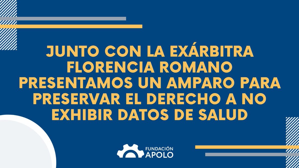 FundacionApolo's tweet photo. 📣 Hoy, junto con la exárbitra Florencia Romano y con el patrocinio legal de @jpanecio presentamos un amparo contra el pase sanitario, para permitir la participación en competencias deportivas defendiendo el derecho de no mostrar datos de salud. 
🔗 https://t.co/VP4Ysi5utJ https://t.co/BeAOt3ovQt