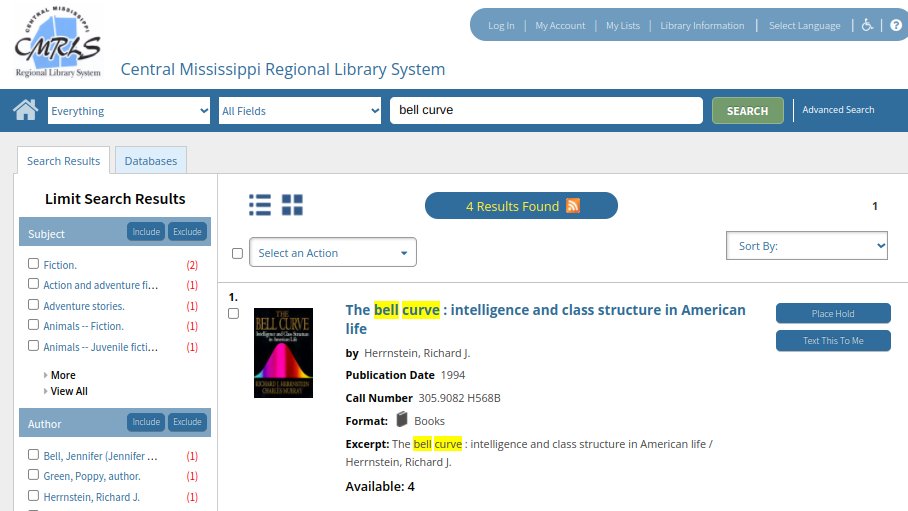 jallen1985's tweet photo. THE BELL CURVE is a book that argues white people are more intelligent than black people.

It's part of the College Board's recommended curriculum for AP Psychology and is in stock at public libraries throughout Mississippi. https://t.co/NTEA7rqSxg https://t.co/TpQ6ORVT9D