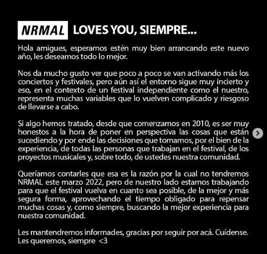 AcostaMzk's tweet photo. Los organizadores del festival #NRMAL 🇲🇽 anunciaron que no realizarán la edición 2022 debido a la situación sanitaria.
Esta misma se iba a llevar a cabo en marzo de este año. https://t.co/WZ7dYCtWRL