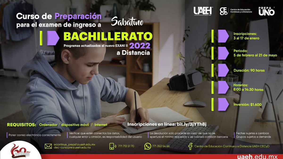 Prepa1UAEH's tweet photo. Se parte de los cursos Pre Bachillerato y Pre Licenciatura, y comienza tu preparación para el examen de selección. Realiza tu registro en https://t.co/igcj0Ldo1B
Información en los correos:
educont_prepa1@uaeh.edu.mx
econtinua_prepa1@uaeh.edu.mx https://t.co/Kf7hQDC2oS