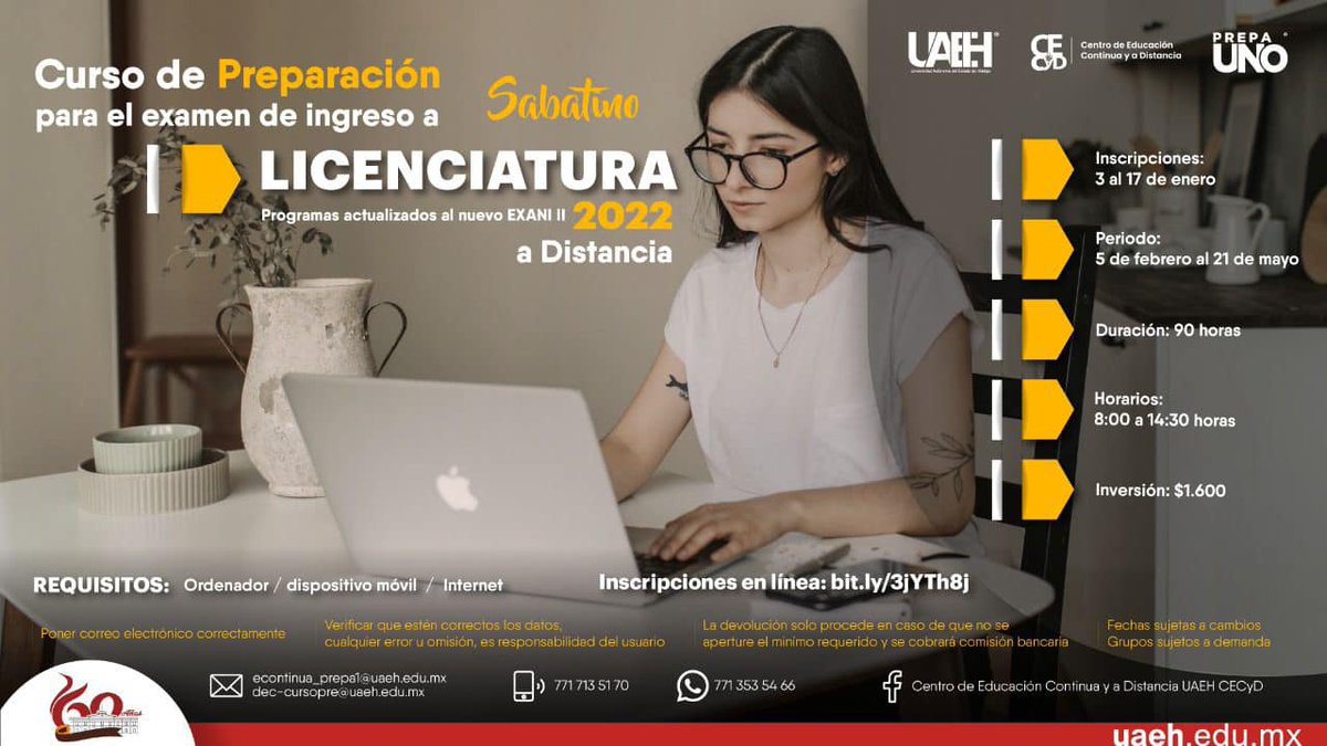 Se parte de los cursos Pre Bachillerato y Pre Licenciatura, y comienza tu preparación para el examen de selección. Realiza tu registro en bit.ly/3jYTh8j
Información en los correos:
educont_prepa1@uaeh.edu.mx
econtinua_prepa1@uaeh.edu.mx