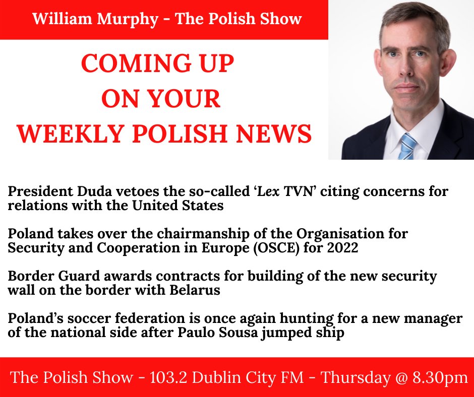 WilliamMMurphy's tweet photo. Preview of what we've coming up this Thursday evening on The Polish Show Weekly News. Do tune in to The Polish Show on 103.2 Dublin City FM @ 8.30pm this and every Thursday evening.

#Wiadomości #Polonia #Irish #Polish #NewsUpdate #Dublin #PolishNews https://t.co/qu38h5ayQf