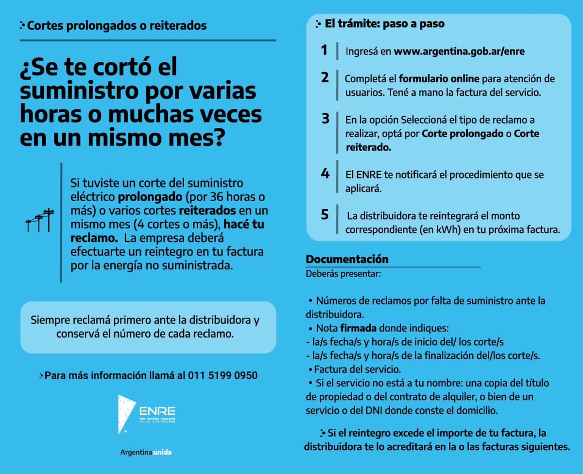Peronismociudad's tweet photo. #CortesDeLuz 🕯 | ¿Se te cortó el suministro por varias horas o muchas veces en el mismo mes? 

❌💡Si sufriste un corte del suministro eléctrico prolongado (por 36 horas o más) o varios cortes reiterados en un mismo mes (4 o más), hacé tu reclamo. 

#ENRE https://t.co/8wmOX7sBLN