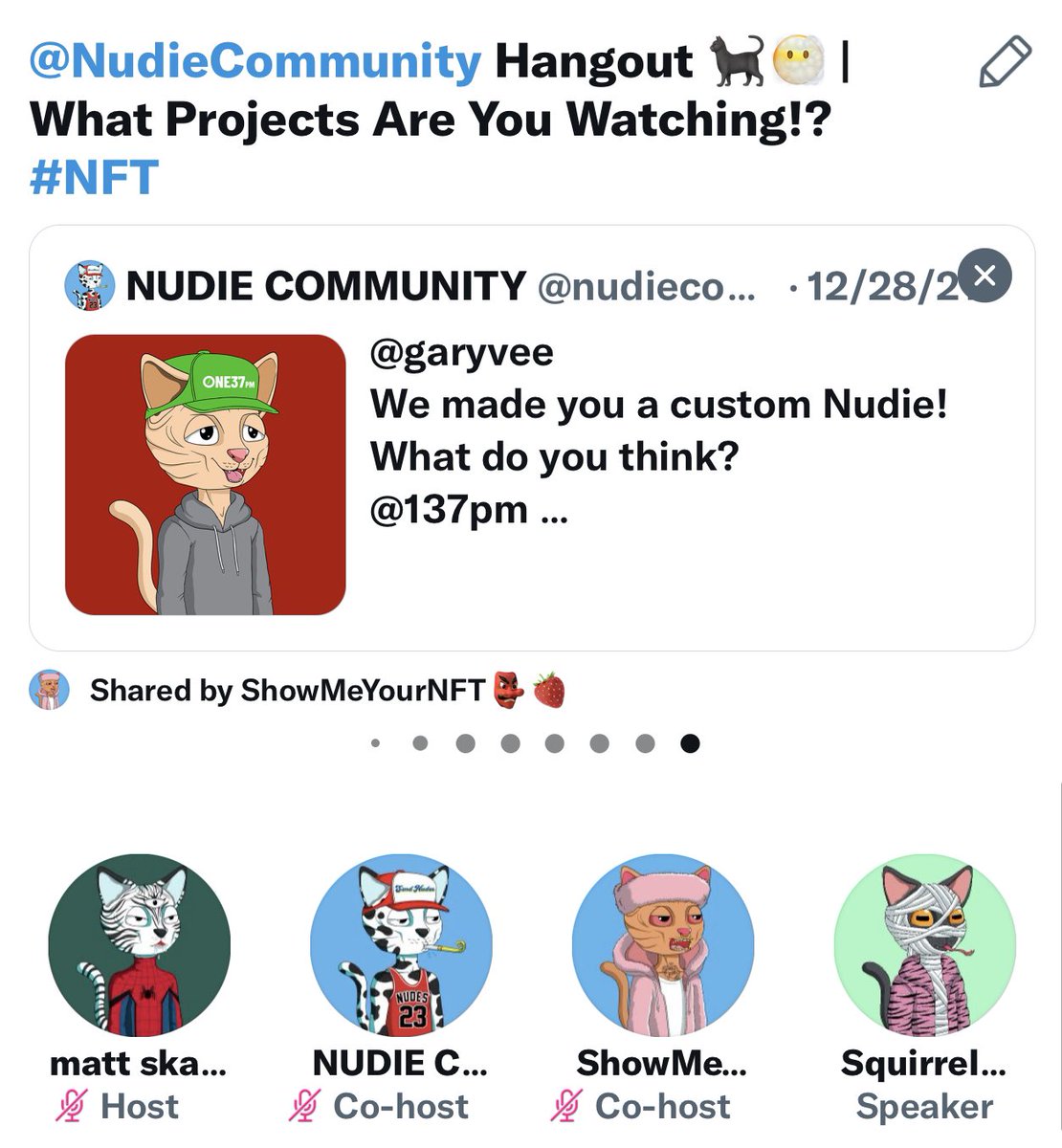 Look at all these good looking Nudies 👀
Come join us rn 🤪

 #NFT x.com/i/spaces/1BdGY…