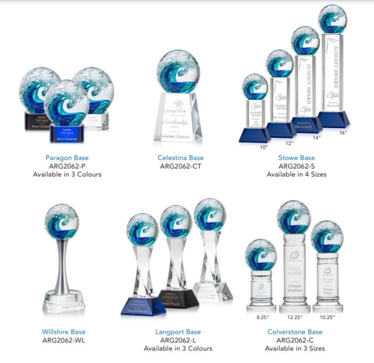 Surfside Art Glass Captures the turbulent action of a beautiful wave, frozen in time and cresting over into deep blue and turquoise waters. Mounted on your choice of 10 different bases for a completely unique and original award to recognize an epic achievement #Awards #Glass