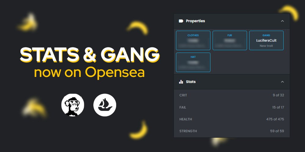 ApeGangNFT's tweet photo. ❗️GANG WARS UPDATE❗️

Today we added stats + gang functionality within opensea ( make sure to refresh metadata ),so you can see which are in a gang and what the apes given stats are!

We hope this helps those looking to buy apes in a gang, or easily access stats!😈

#WEAREAPEGANG https://t.co/DFTpcYDOH3