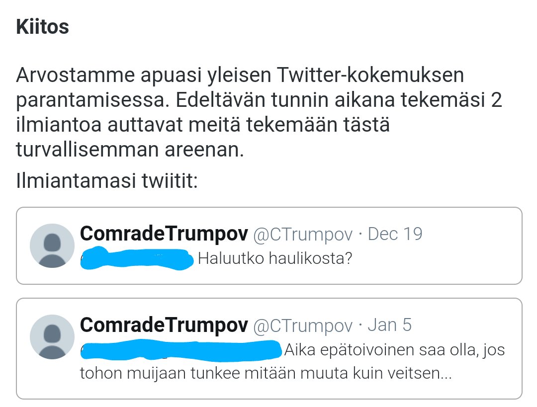 ellahelenius's tweet photo. Olisi ihan mielenkiintoista kuulla, mikä twitterin mukaan on väkivaltaa tai vahingon toivomista. Ilmeisesti puukotus ja ampuminen eivät sisälly näihin kategorioihin. https://t.co/Zdnr4OYc0L