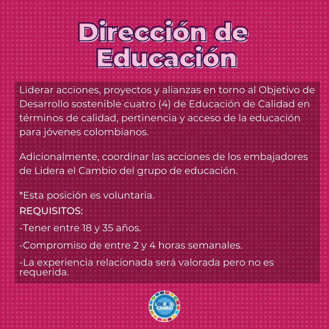 LideraCambio's tweet photo. #Convocatoria 

Estamos buscando DOS (2) personas para liderar la Dirección de Educación de Lidera el Cambio. Si cumples con los requerimientos y quieres aplicar, hazlo hasta el 2 de febrero en https://t.co/4j6vHNiLlz (link en la descripción).

#Lideraelcambio #LideraElCambio2022 https://t.co/fdyzyHaGUx