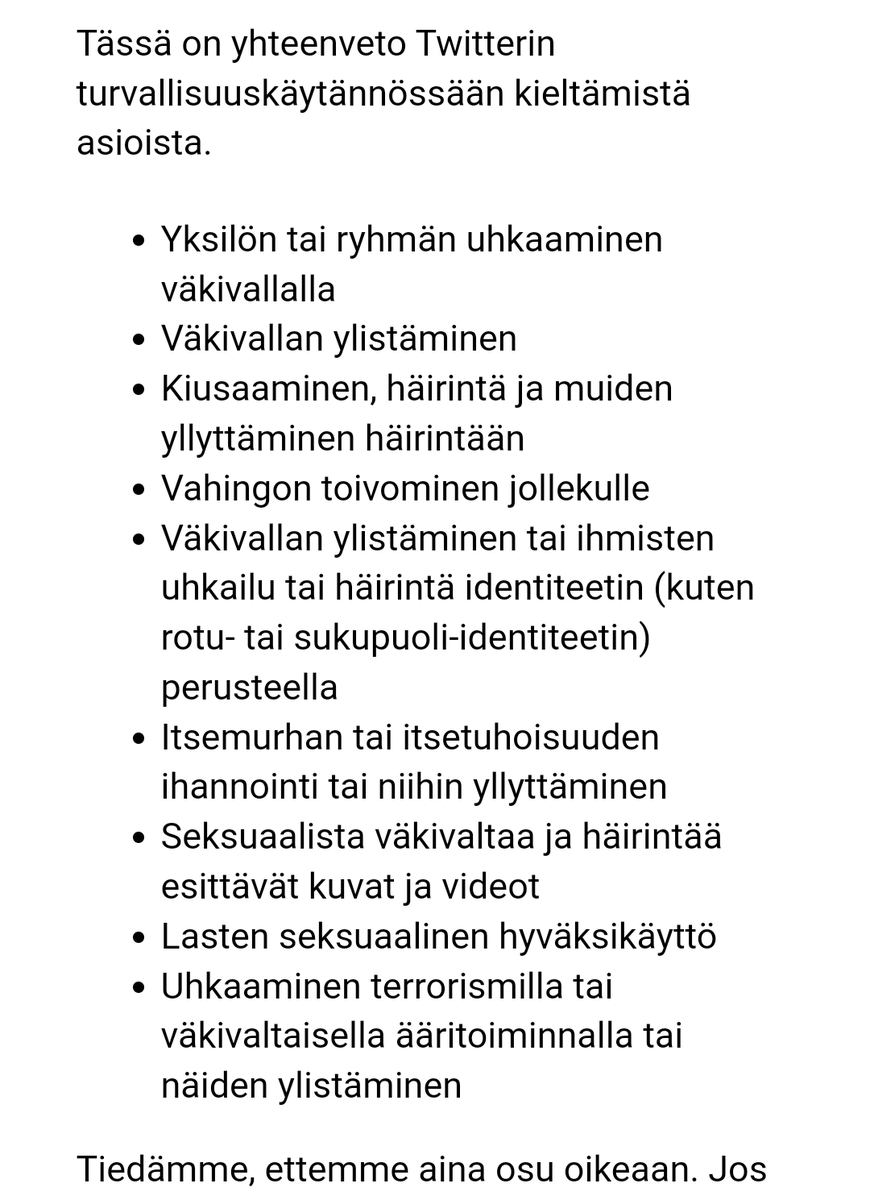 ellahelenius's tweet photo. Olisi ihan mielenkiintoista kuulla, mikä twitterin mukaan on väkivaltaa tai vahingon toivomista. Ilmeisesti puukotus ja ampuminen eivät sisälly näihin kategorioihin. https://t.co/Zdnr4OYc0L