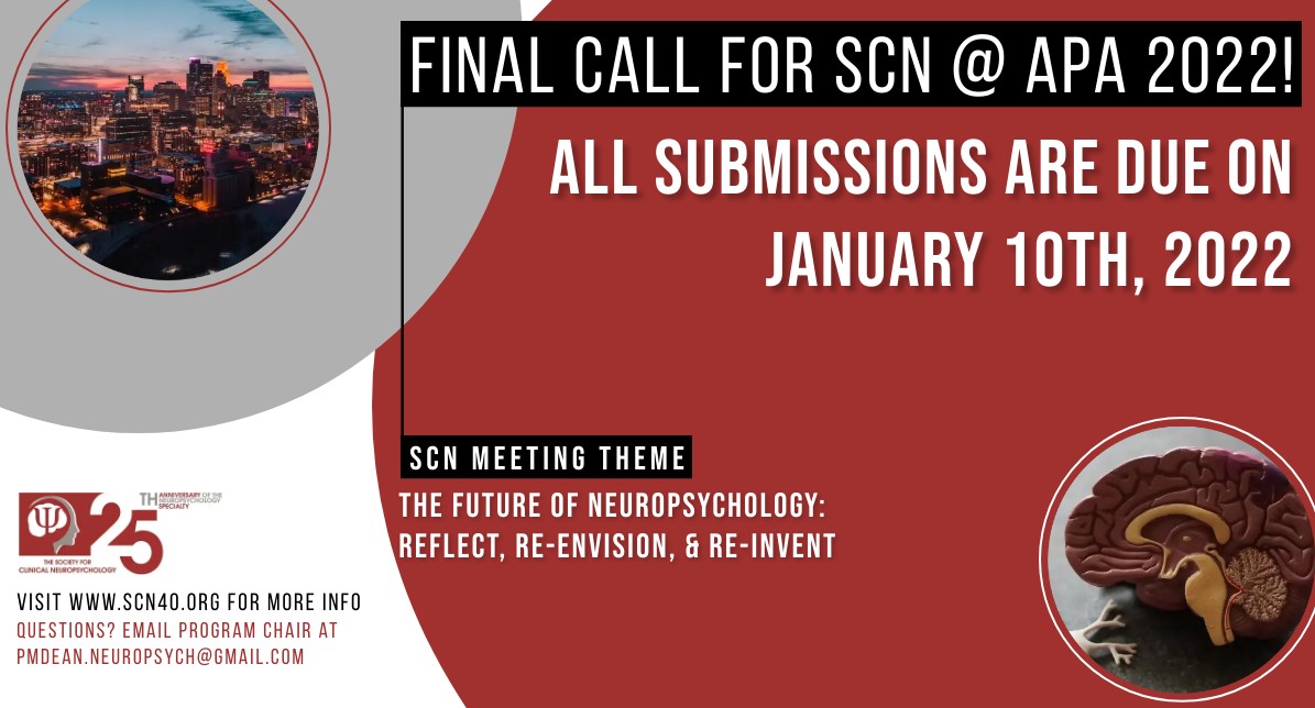 APADivision40's tweet photo. 🚨Five days left to submit an abstract for @APAconvention! We are looking forward to seeing #TheFutureofNeuropsychology highlighted in our sessions. Special thanks to Program Chair &amp; Co-Chair @Dr_Pamela_Dean &amp; @DocBlock_neuro https://t.co/rU2bJwcI8i