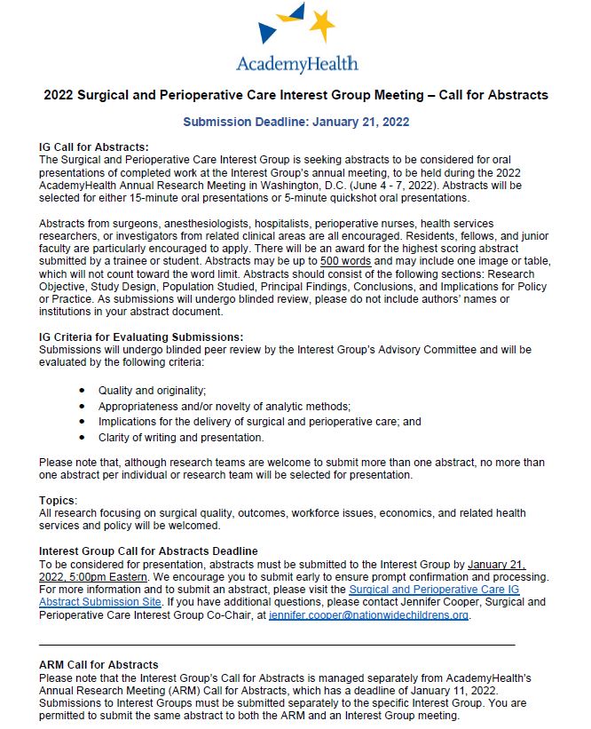 SurgicalOutcomesClub (@surgoutcomes) on Twitter photo 🚨 Call for Abstracts. Considering submitting your work to be highlighted at the <a href="/AcademyHealth/">AcademyHealth</a> Surgical and Perioperative Care Interest Group Meeting in June. Details👇 Deadline: January 21 🚨 Call for Abstracts. Considering submitting your work to be highlighted at the <a href="/AcademyHealth/">AcademyHealth</a> Surgical and Perioperative Care Interest Group Meeting in June. Details👇 Deadline: January 21