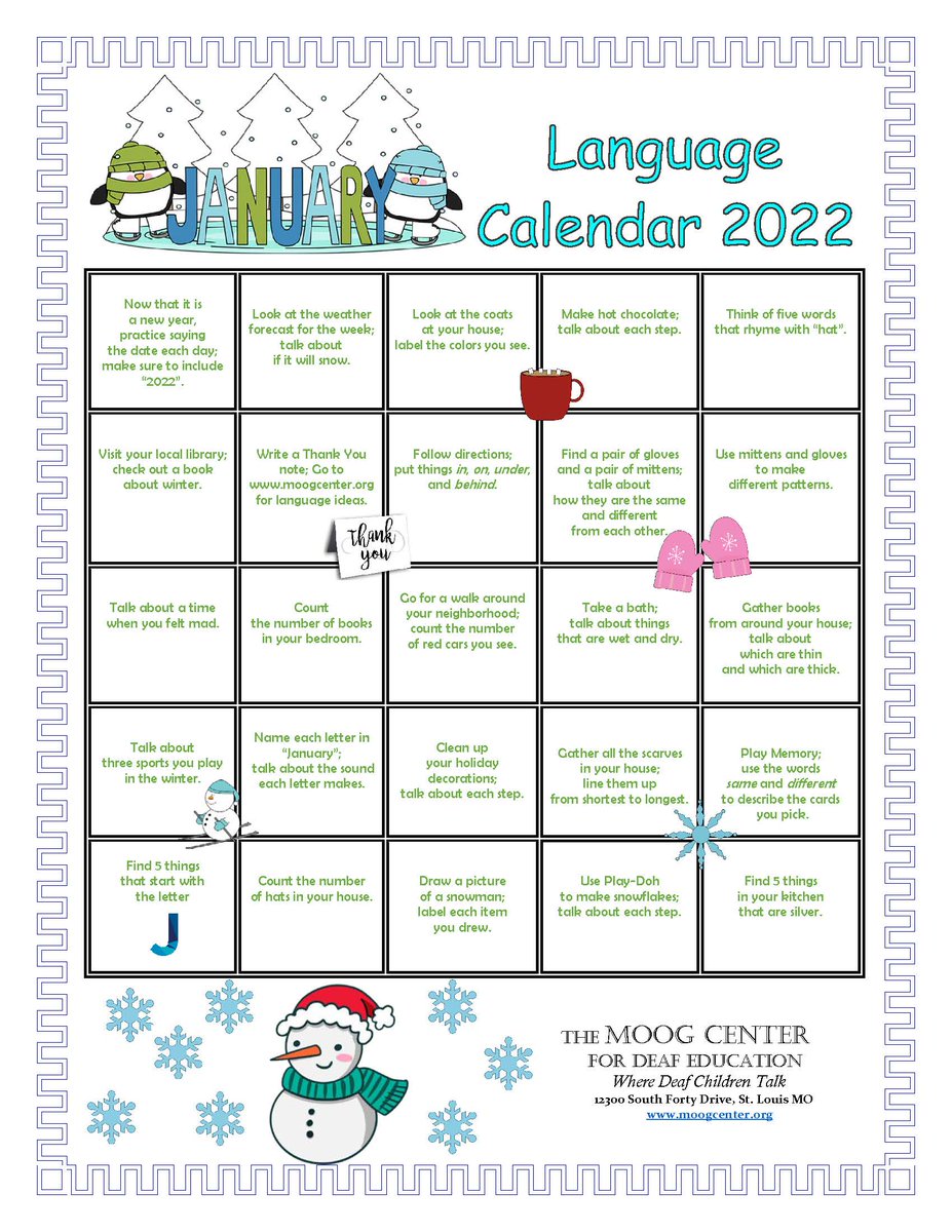 Happy New Year! Our January #LanguageCalendar is ready for you. This month's calendar is filled with a variety of language-enriching games and activities.  
 —  #winterfun #languagefun #deafeducation #languagedevelopment #LSLeaders #OPTIONLSL  #dhhkids #dhhkidsrock
