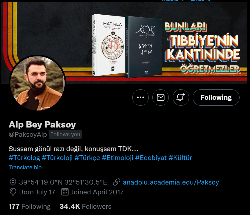 edipyuksel's tweet photo. Yarı rast-gele bir profil.
Yeni keşfettim. Başta Türk dili olmak üzere dil konusunda, sözcüklerin etimolojisi ve zamanla geçirdikleri değişim konusunda çok ilginç ve bilgilendirici twitler paylaşıyor.
@PaksoyAlp arkadaşı takip etmenizi tavsiye ederim.
#ediPro https://t.co/C5WoXztdX5