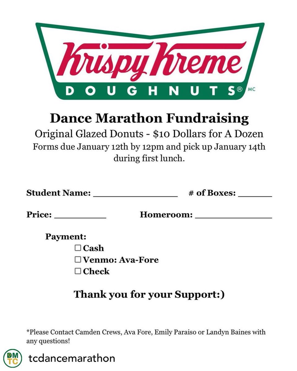 TCHSCeltics's tweet photo. Hey Celtics! Get excited because for the next week Dance Marathon will be selling donuts from Krispy Kreme! You can buy a dozen donuts for 10$ between January 4th and you can pick them up on January 14th. Donuts for kids!!!🍩 Forms are available at the TC front desk. https://t.co/dfOU5VCtwz