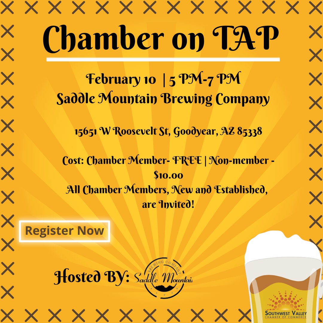 ** NEW DATE** 
Join us at <a href="/SaddleMtBrewing/">SaddleMtBrewing</a> for our first Chamber on Tap of the year on February 10 from 5-7 PM.  Come out and network with your fellow SWVC members.  🥂🌐 

RSVP Here 👇: 
ow.ly/1kHX50Ho11l
#SWValleyChamber #ChamberonTap #Networking #Mixer #Mychamberrocks