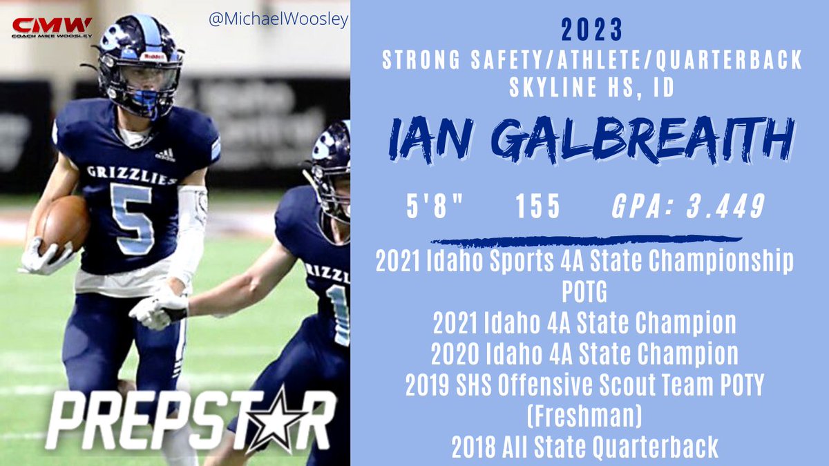 Ian Galbreaith 2023- Strong Safety/QB at Skyline HS in Idaho Falls, ID. He displays excellent pass pattern recognition, he covers a wide area on the field, he reacts quickly to the pass and when he intercepts the ball, he become a threat to return it for a TD. <a href="/IGalbreaith/">Ian Galbreaith</a>