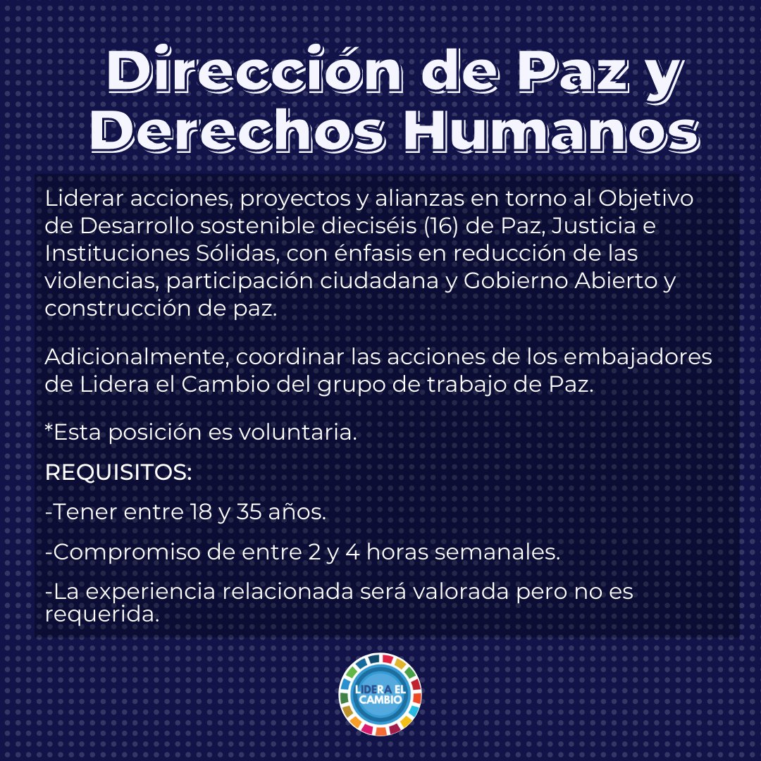 LideraCambio's tweet photo. #Convocatoria 

Estamos buscando una (1) persona para co-liderar la Dirección de Paz y Derechos Humanos de Lidera el Cambio. Si cumples con los requerimientos y quieres aplicar, hazlo hasta el 2 de febrero en https://t.co/4j6vHNiLlz 

#Lideraelcambio #LideraElCambio2022 https://t.co/rJ6AMlAZSS
