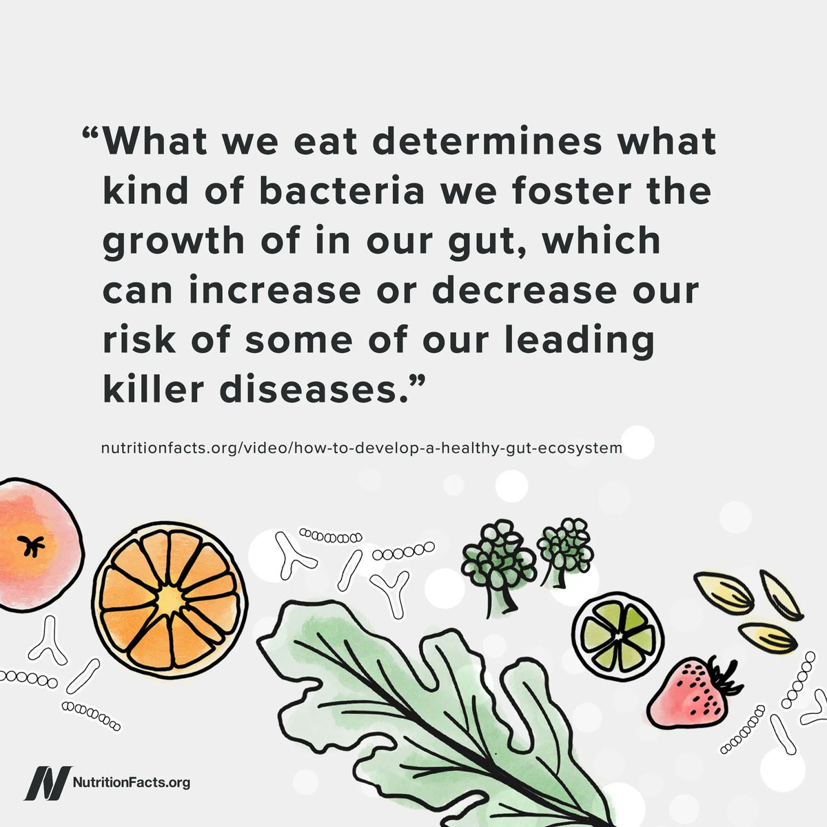 Good bacteria—those living with us in symbiosis—are nourished by fruits, veggies, grains, &amp; beans, whereas bad bacteria that may contribute to disease &amp; result in dysbiosis are fed by meat, including seafood, junk food &amp; fast food, as well as dairy &amp; eggs. bit.ly/2sPVd6L