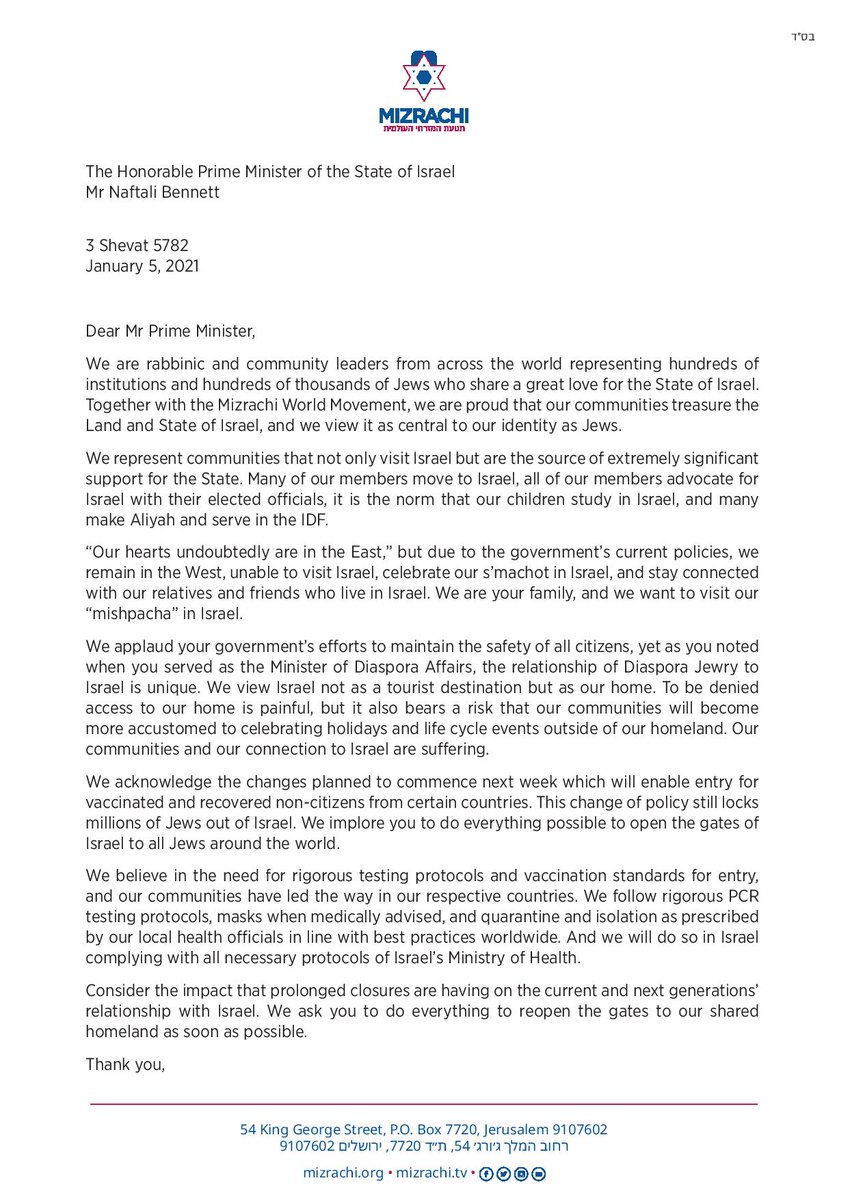 ZvikaKlein's tweet photo. Over 300 Rabbis, leaders and heads of Jewish orgs from 28 countries, representing hundreds of thousands of Diaspora Jews, signed a letter to PM Bennett, begging him to open the gates of Israel to non-citizens.
The letter was organised by the World Mizrachi movement
#letmypeoplein https://t.co/X5eL0gjAlf