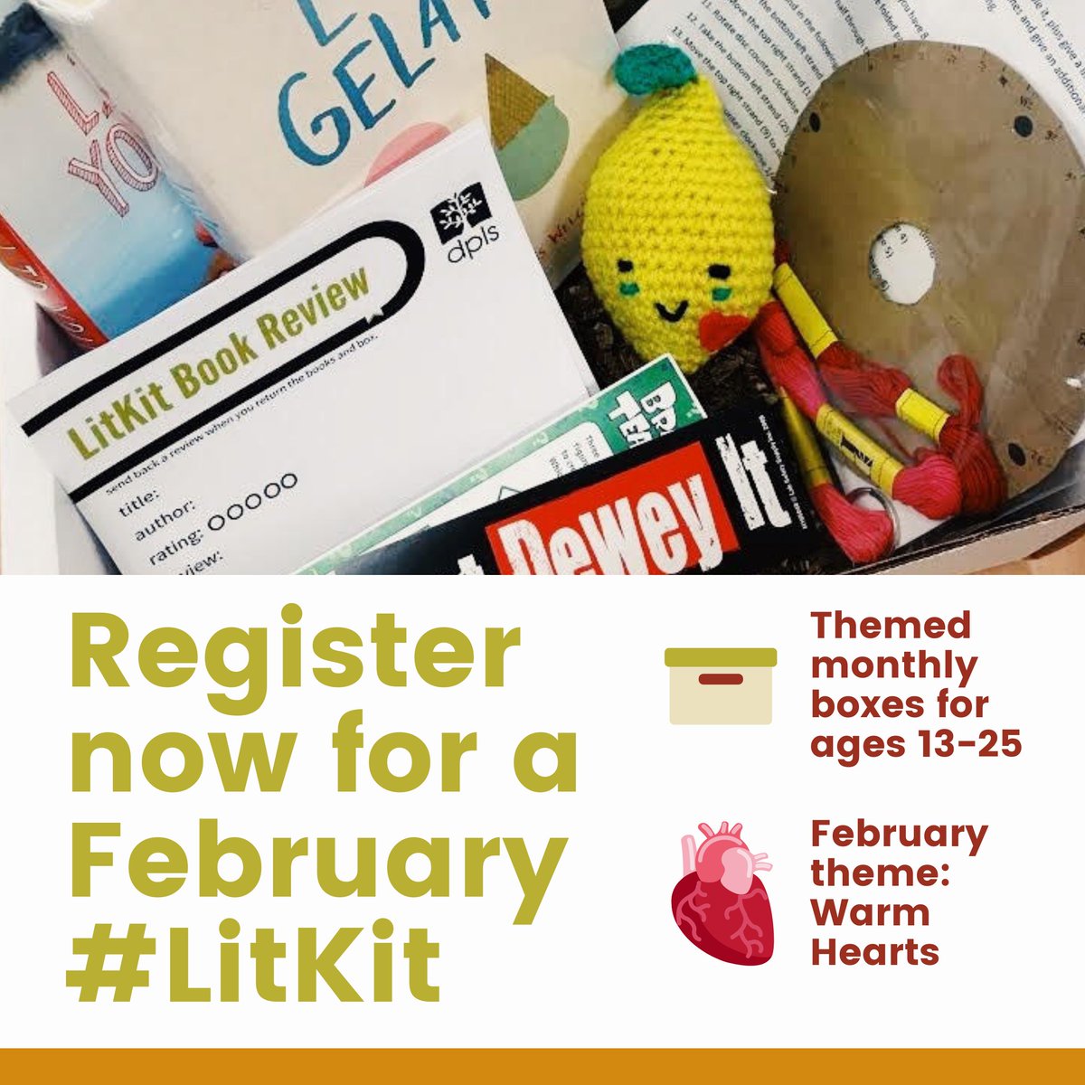 dplslibraries's tweet photo. LitKits are stuffed with books (for checkout) and assorted other goodies you can keep! Available to ages 13-25, but boxes are *very* limited (because there's so much good stuff in there!) 😉

Read more and register for the February #LitKit: https://t.co/2E2YYQl6Et https://t.co/MV2N1h7rNu
