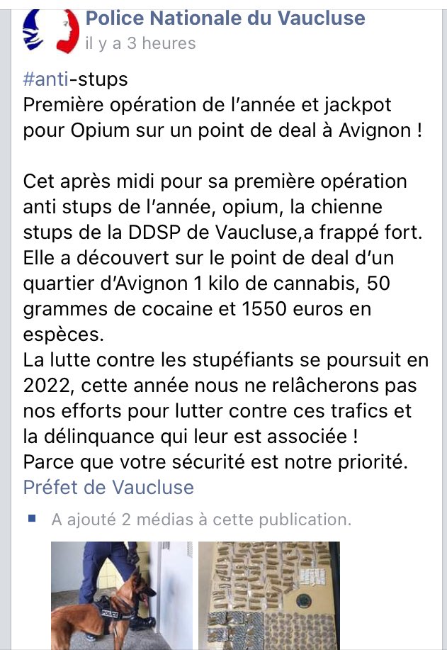 Prefet84's tweet photo. #AntiStup #Avignon @PoliceNationale 1ère opération de l’année pour Opium chienne stups #DDSP84 Des produits et de l’argent saisis Contre tous les trafics ; on lâche rien ! @Interieur_Gouv https://t.co/Xun407rEz8