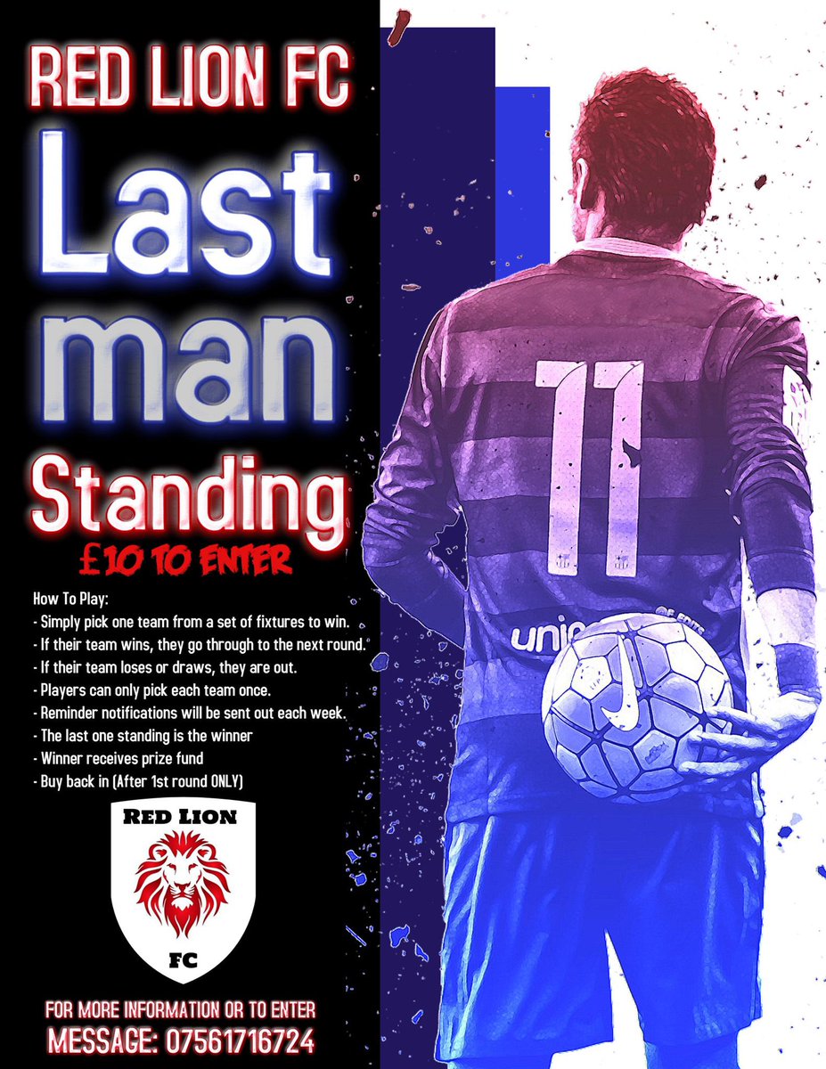 🦁The Red Lion Last Man Standing is back!🦁

💷Minimum prize £500💷

£10 entry
Prem &amp; Champ games only
Entry by 12/1/22!!
Selections by 13/1/22

Details below 👇 

Good luck!!! 🦁⚽️🦁⚽️🦁
<a href="/Randswcl/">Redditch & SW League</a>