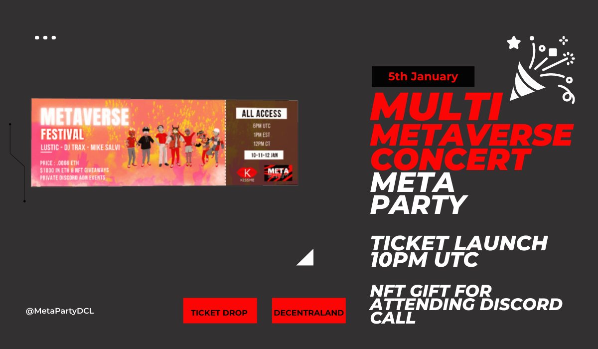 RezinatorDCL's tweet photo. 1/2
Multi #MetaVerse 3 Day Festival🍾

Purchase #NFT pass on Opensea to enter the private event in @metagascarNFT &amp; #DCL

Over $1000 in #ETH &amp; #NFT giveaways over three days for the audience. Multiple live performances🎤

#NFT Ticket Launch Tonight👇
https://t.co/6vRBOxdIK6 https://t.co/OZxPoXiPpH